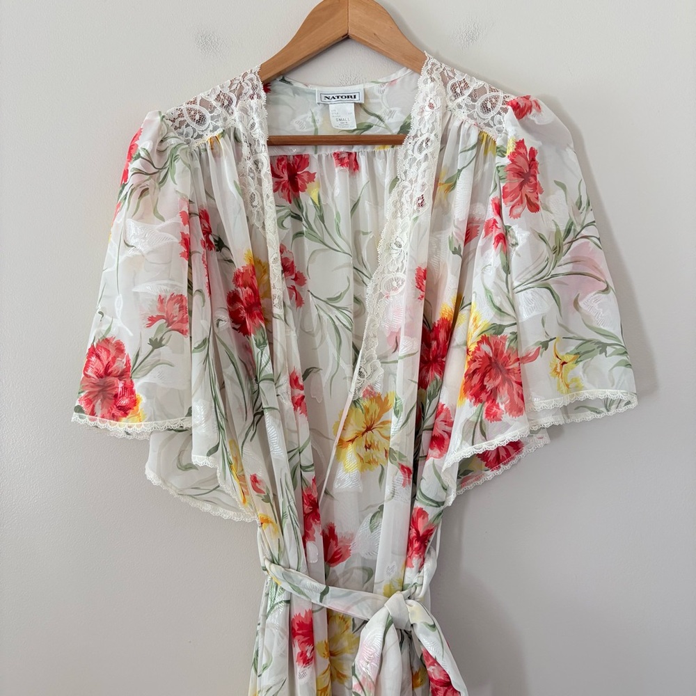 Natori Floral Sheer Lace Trim Wrap Robe Maxi‎ Romantic Vintage Lingerie Small - Picture 3 of 14